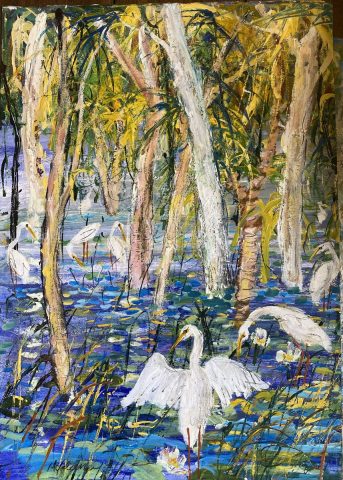 Egrets, Paperbark, Pandanus and Water Lillies